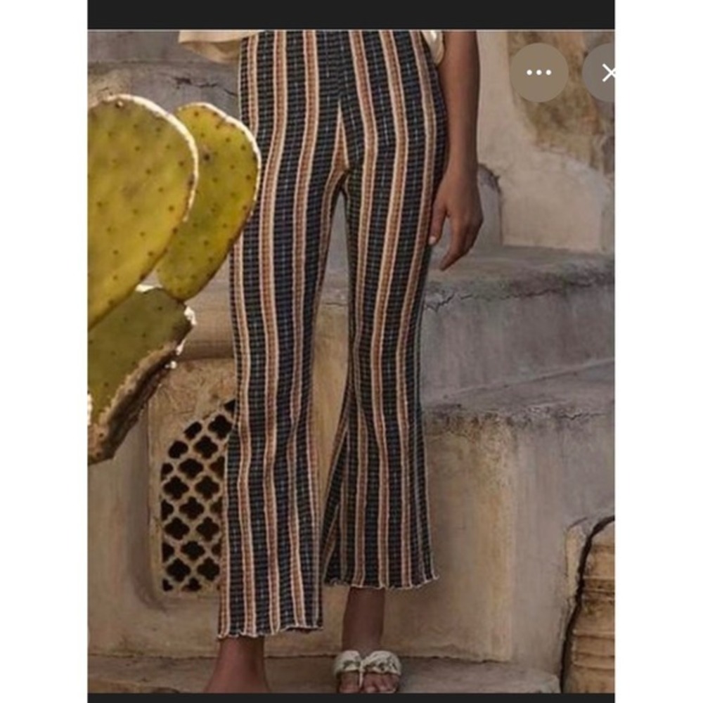 Free People Fine Line Slim Flare Pants Multi Stripe Seersucker Lettuce Edge S